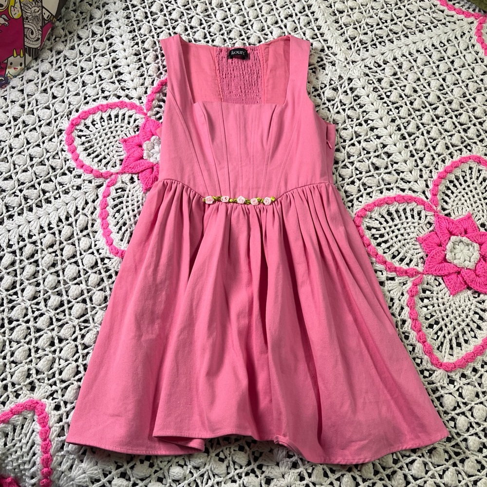 Kourt Corseted Pink Dress with Floral Rosette Waist Trim